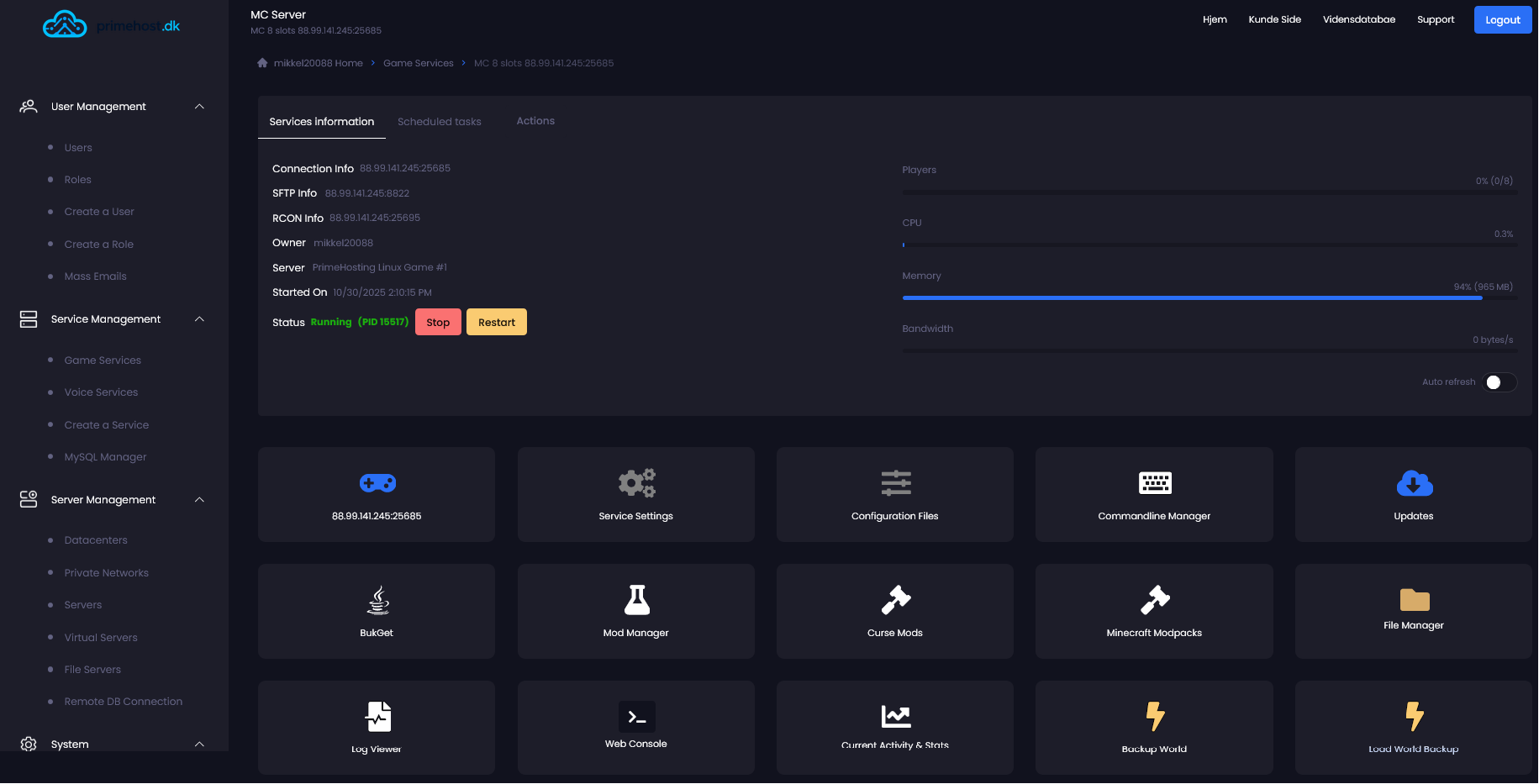 Server kontrolpanel screenshot
